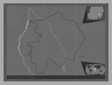 Al Jazirah, state of Sudan. Bilevel elevation map with lakes and rivers. Corner auxiliary location maps