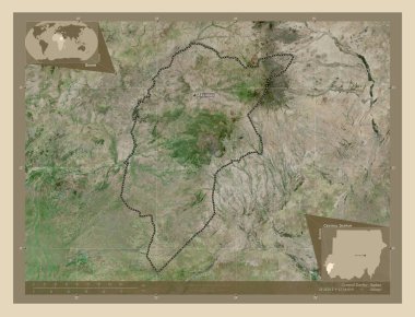 Central Darfur, state of Sudan. High resolution satellite map. Locations and names of major cities of the region. Corner auxiliary location maps