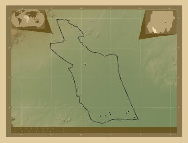 East Darfur, state of Sudan. Colored elevation map with lakes and rivers. Locations of major cities of the region. Corner auxiliary location maps