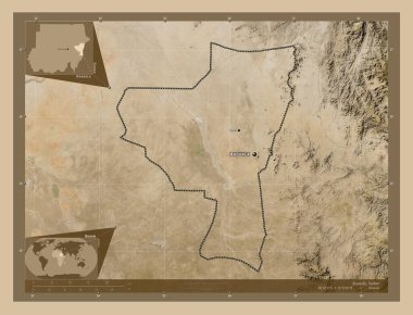 Kassala, state of Sudan. Low resolution satellite map. Locations and names of major cities of the region. Corner auxiliary location maps