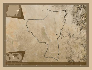 Kassala, state of Sudan. Low resolution satellite map. Locations of major cities of the region. Corner auxiliary location maps
