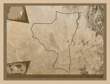 Kassala, state of Sudan. Low resolution satellite map. Corner auxiliary location maps