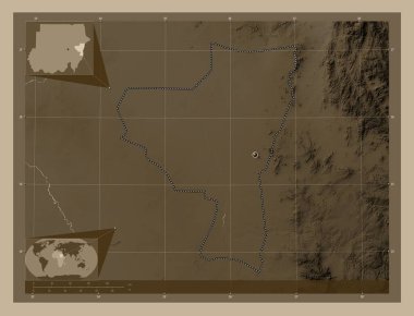 Kassala, state of Sudan. Elevation map colored in sepia tones with lakes and rivers. Corner auxiliary location maps