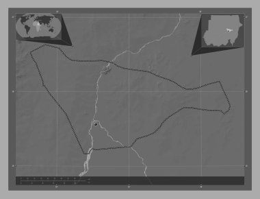 Khartoum, state of Sudan. Bilevel elevation map with lakes and rivers. Corner auxiliary location maps