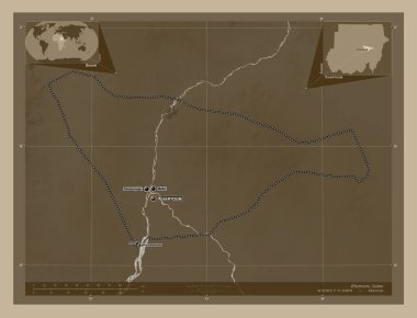 Khartoum, state of Sudan. Elevation map colored in sepia tones with lakes and rivers. Locations and names of major cities of the region. Corner auxiliary location maps