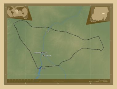 Khartoum, state of Sudan. Colored elevation map with lakes and rivers. Locations and names of major cities of the region. Corner auxiliary location maps