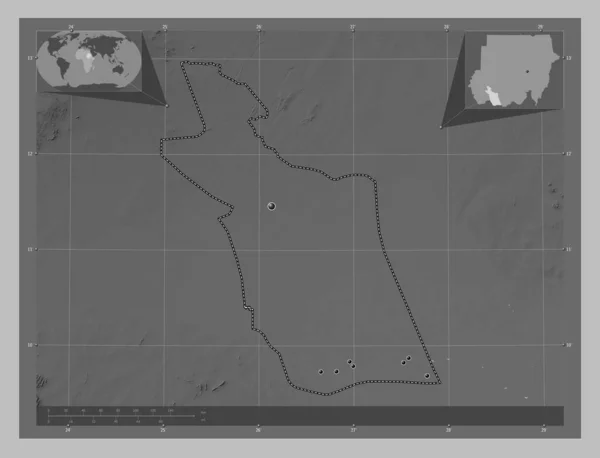 East Darfur State Sudan Grayscale Elevation Map Lakes Rivers Locations — Stock Photo, Image