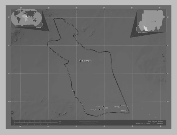 East Darfur State Sudan Grayscale Elevation Map Lakes Rivers Locations — Foto Stock
