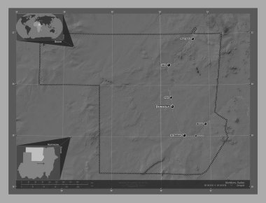 Northern, state of Sudan. Bilevel elevation map with lakes and rivers. Locations and names of major cities of the region. Corner auxiliary location maps