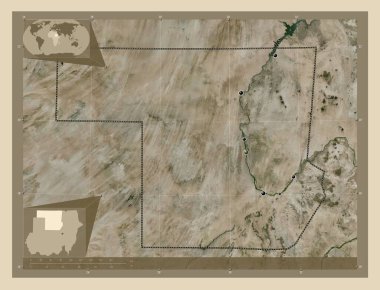 Northern, state of Sudan. High resolution satellite map. Locations of major cities of the region. Corner auxiliary location maps