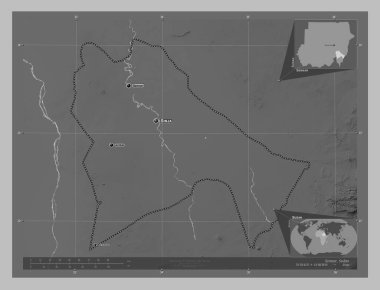 Sennar, state of Sudan. Grayscale elevation map with lakes and rivers. Locations and names of major cities of the region. Corner auxiliary location maps