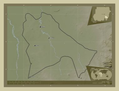 Sennar, state of Sudan. Elevation map colored in wiki style with lakes and rivers. Locations and names of major cities of the region. Corner auxiliary location maps