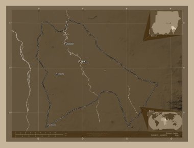 Sennar, state of Sudan. Elevation map colored in sepia tones with lakes and rivers. Locations and names of major cities of the region. Corner auxiliary location maps