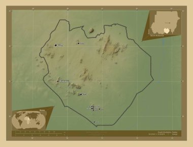 South Kurdufan, state of Sudan. Colored elevation map with lakes and rivers. Locations and names of major cities of the region. Corner auxiliary location maps