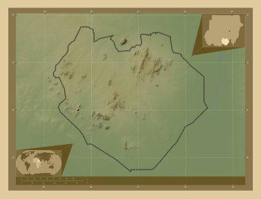 South Kurdufan, state of Sudan. Colored elevation map with lakes and rivers. Corner auxiliary location maps