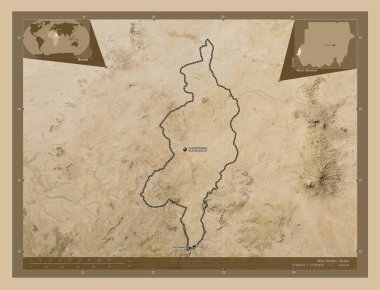 West Darfur, state of Sudan. Low resolution satellite map. Locations and names of major cities of the region. Corner auxiliary location maps