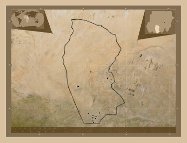 West Kurdufan, state of Sudan. Low resolution satellite map. Locations of major cities of the region. Corner auxiliary location maps