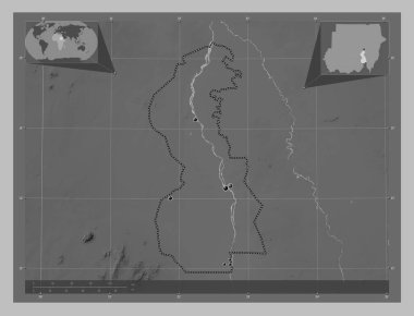 White Nile, state of Sudan. Grayscale elevation map with lakes and rivers. Locations of major cities of the region. Corner auxiliary location maps
