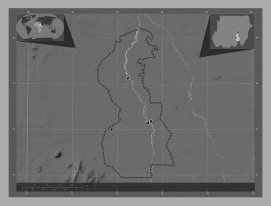 White Nile, state of Sudan. Bilevel elevation map with lakes and rivers. Locations of major cities of the region. Corner auxiliary location maps