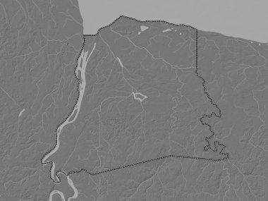 Nickerie, district of Suriname. Bilevel elevation map with lakes and rivers
