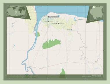 Nickerie, district of Suriname. Open Street Map. Locations and names of major cities of the region. Corner auxiliary location maps