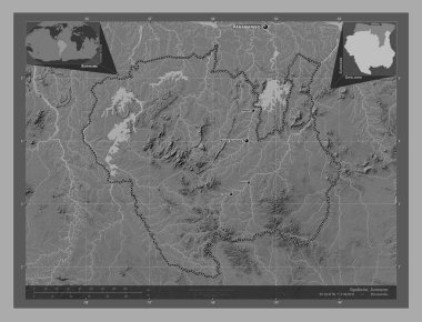 Sipaliwini, district of Suriname. Bilevel elevation map with lakes and rivers. Locations and names of major cities of the region. Corner auxiliary location maps