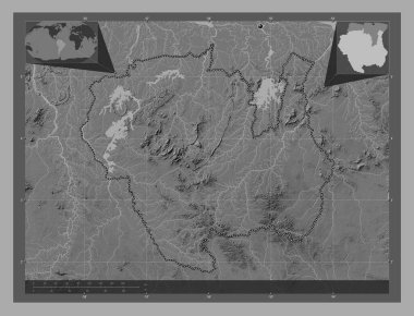 Sipaliwini, district of Suriname. Bilevel elevation map with lakes and rivers. Corner auxiliary location maps