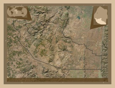 Shiselweni, district of Eswatini. Low resolution satellite map. Locations of major cities of the region. Corner auxiliary location maps