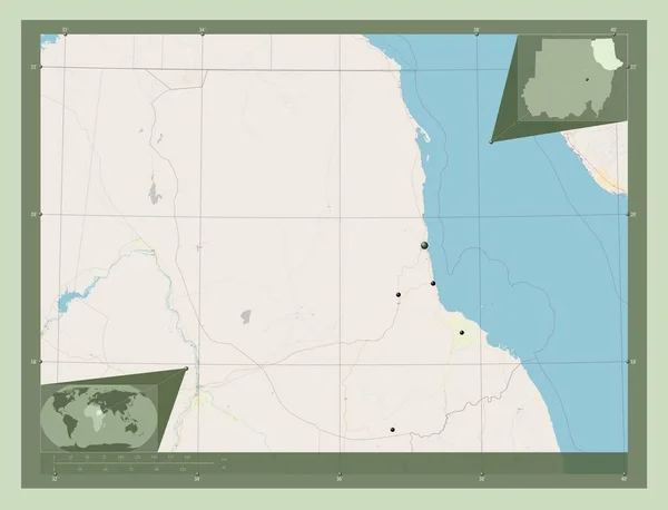 stock image Red Sea, state of Sudan. Open Street Map. Locations of major cities of the region. Corner auxiliary location maps