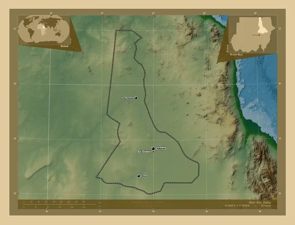 Ποταμός Νείλος Σουδάν Χρωματιστός Υψομετρικός Χάρτης Λίμνες Και Ποτάμια Τοποθεσίες — Φωτογραφία Αρχείου