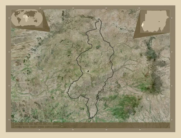 苏丹州西达尔富尔州 高分辨率卫星地图 该区域主要城市的所在地点 角辅助位置图 — 图库照片
