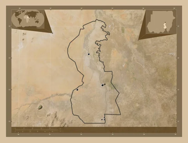 白尼罗河州 低分辨率卫星地图 该区域主要城市的所在地点 角辅助位置图 — 图库照片