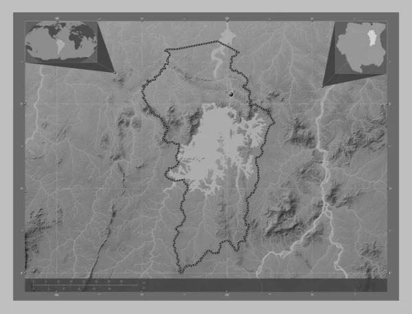Brokopondo District Suriname Grayscale Elevation Map Lakes Rivers Corner Auxiliary — Stock Photo, Image