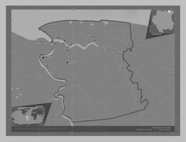 Commewijne District Suriname Grayscale Elevation Map Lakes Rivers Locations Names — Stock Photo, Image