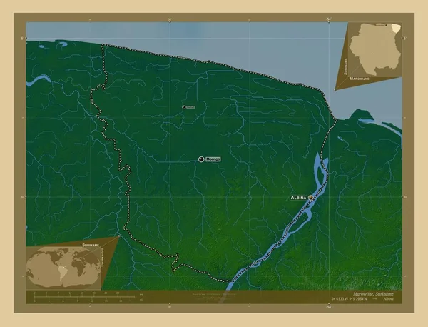 Marowijne District Suriname Colored Elevation Map Lakes Rivers Locations Names — ストック写真