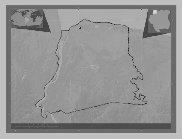 Nickerie District Suriname Grayscale Elevation Map Lakes Rivers Corner Auxiliary — Stock Photo, Image