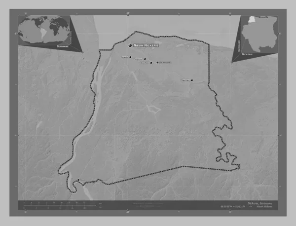Nickerie District Suriname Grayscale Elevation Map Lakes Rivers Locations Names — Stock Photo, Image