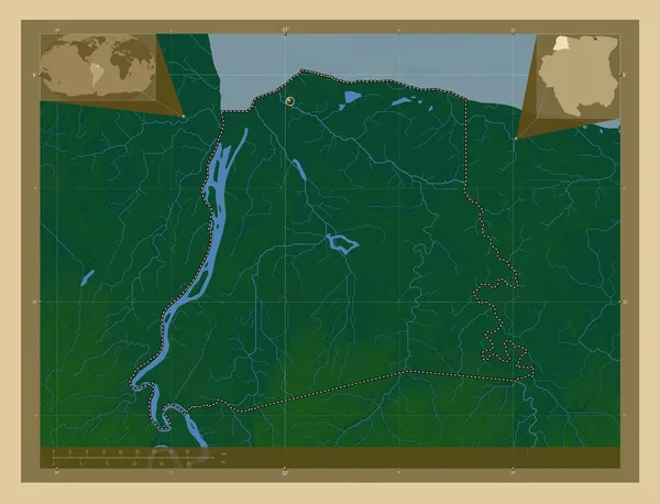 Nickerie District Suriname Colored Elevation Map Lakes Rivers Corner Auxiliary — Fotografia de Stock