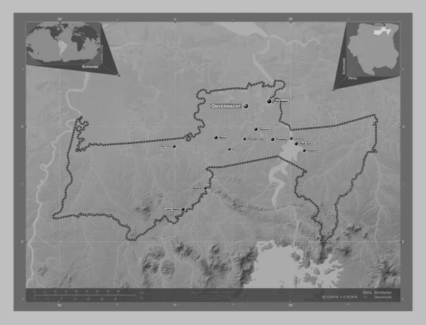 Para District Suriname Grayscale Elevation Map Lakes Rivers Locations Names — Stock Photo, Image