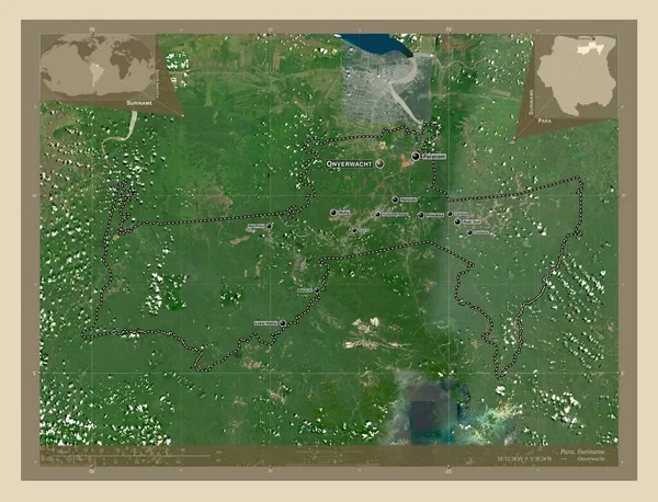 苏里南区 Para 高分辨率卫星地图 该区域主要城市的地点和名称 角辅助位置图 — 图库照片