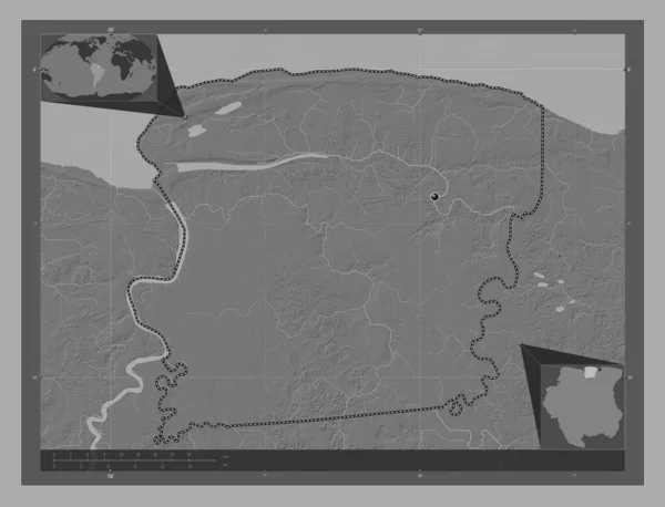 Saramacca District Suriname Bilevel Elevation Map Lakes Rivers Corner Auxiliary — Stock Photo, Image