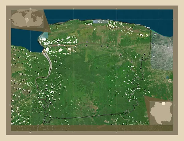 苏里南Saramacca区 高分辨率卫星地图 该区域主要城市的所在地点 角辅助位置图 — 图库照片