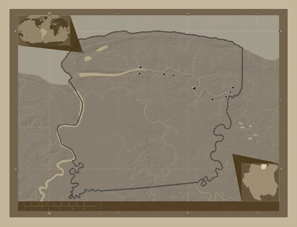 Сарамакка Округ Суринам Карта Высоты Окрашенная Сепиевые Тона Озерами Реками — стоковое фото