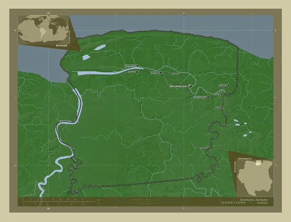 スリナムのサラマカ県 湖や川とWikiスタイルで着色された標高マップ 地域の主要都市の位置と名前 コーナー補助位置図 — ストック写真
