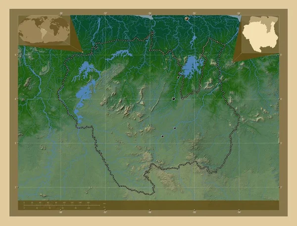 スリナム スリナムの地区 湖や川と色の標高マップ 地域の主要都市の場所 コーナー補助位置図 — ストック写真
