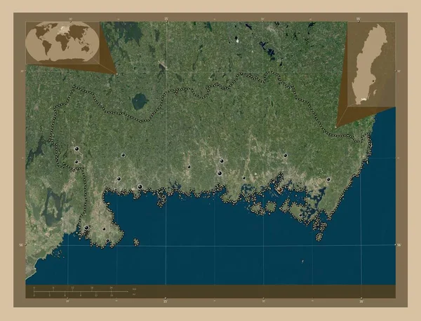 Blekinge 瑞典郡 低分辨率卫星地图 该区域主要城市的所在地点 角辅助位置图 — 图库照片
