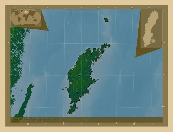 Gotlandia Powiat Szwedzki Kolorowa Mapa Wzniesień Jeziorami Rzekami Lokalizacje Dużych — Zdjęcie stockowe