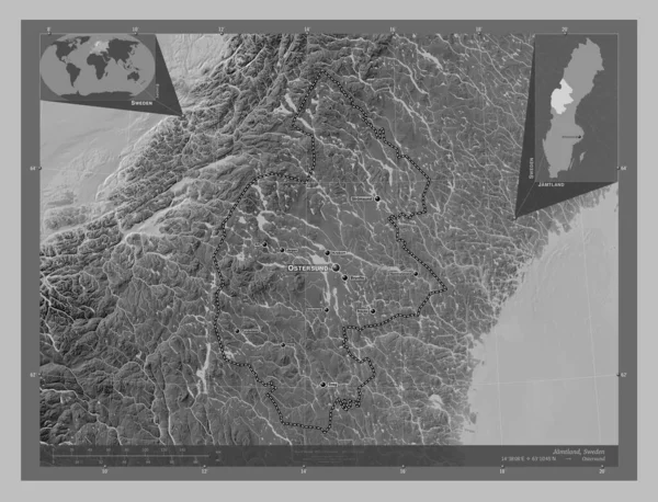 Jamtland County Sweden Grayscale Elevation Map Lakes Rivers Locations Names — Stock Photo, Image