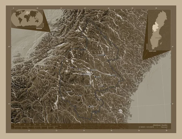Jamtland County Sweden Elevation Map Colored Sepia Tones Lakes Rivers — Stock Photo, Image