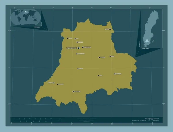 スウェーデンの郡 ジョンコピング しっかりした色の形 地域の主要都市の位置と名前 コーナー補助位置図 — ストック写真